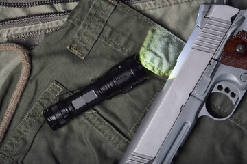 Weapons and military gun equipment for army with tactical flashlight, Semi-automatic 1911 model...