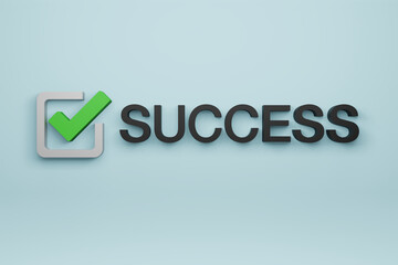 Green checkmark in the rounded square with a success sign. 3D symbol and text on a blue background