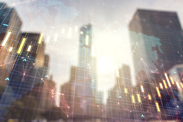 Multi exposure of abstract financial diagram with world map on office buildings background, banking and accounting concept