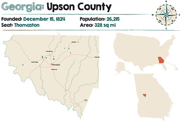 Large and detailed map of Upson county in Georgia, USA.