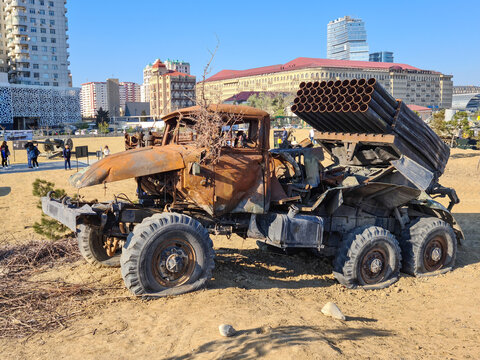 BM-21 Grad Soviet truck-mounted 122 mm multiple rocket launcher - Baku, Azerbaijan, 04-16-2021