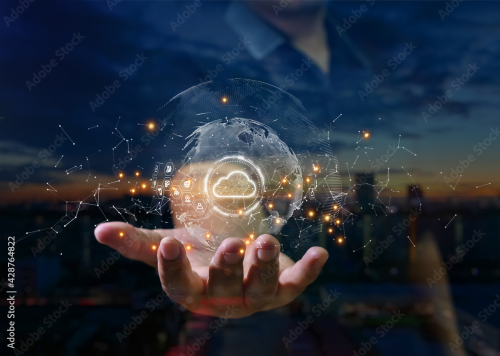 Poster digital cloud computing in hands of cyber security, digital data network protection, technology glob