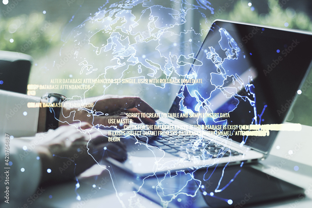 Aufkleber abstract creative coding illustration with world map and hands typing on laptop on background, inter