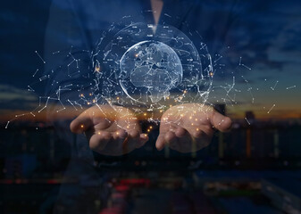 Global network data connection in hands of the night sky, Technology digital background concept. 3d...