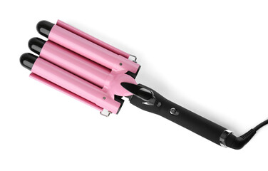 Modern triple curling iron isolated on white, top view