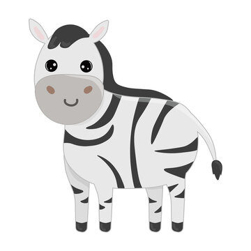 Illustration with zebra. Isolated on white background. For books, children's books, books about animals, stickers, magazines, design, factories, business
