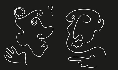 Abstract hand drawn distorted face of old man and woman with hand signs. White continuous line on graphite background, weird characters, emotion and dialog. Minimal old cartoon monochromatic style.