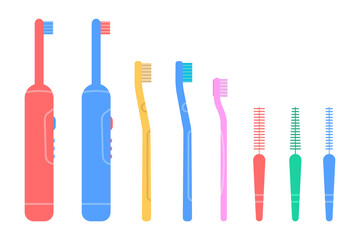 Dental cleaning tools. Set of toothbrushes. Electric toothbrushes. Vector illustration in flat style on white isolated background.