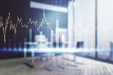 Double exposure of abstract creative financial chart and modern desktop with laptop on background, research and strategy concept