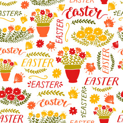 Seamless pattern with flowers and hand written words Easter .
