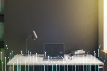Creative abstract micro circuit sketch and modern desk with computer on background, future technology and AI concept. Double exposure