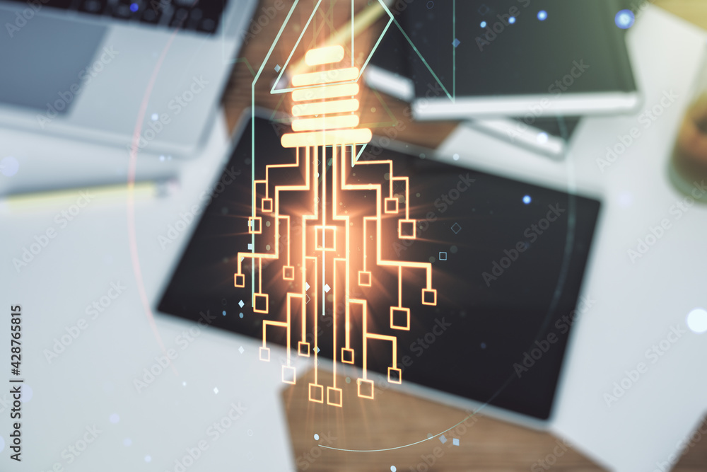 Poster creative light bulb with chip hologram and modern digital tablet on background, artificial intellige