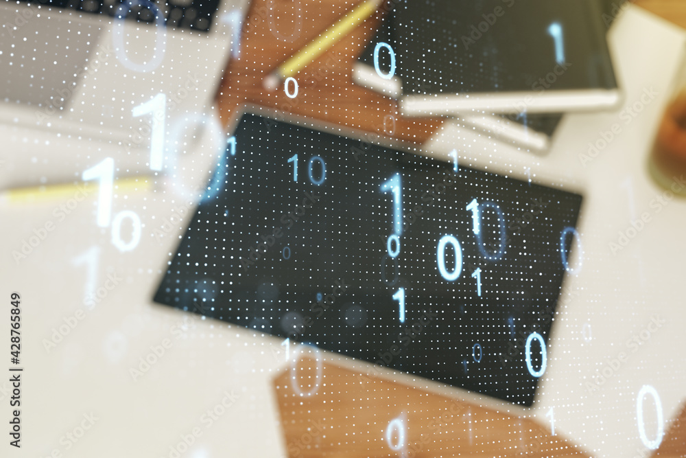 Poster creative abstract binary code sketch and modern digital tablet on background, hacking and matrix con