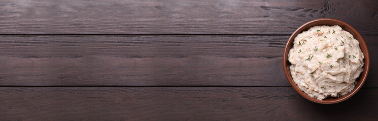 Delicious lard spread on wooden table, top view. Space for text