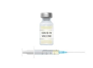 Ampoule with COVID-19 vaccine and a syringe with a dose of vaccine. Isolated objects on a white background