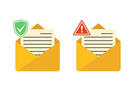 Email Icons Set. Yellow Envelopes With Notification, Verification, New Message, Suspicious Letter