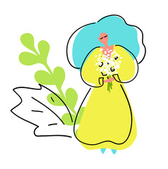 A woman or girl with flowers in yellow dress with black outline