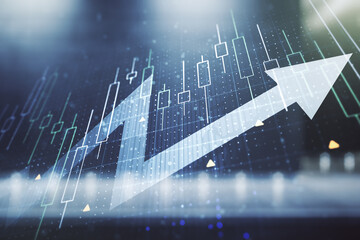 Abstract creative financial diagram and upward arrow hologram on contemporary business center...