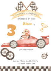 Watercolor boy birthday invitation card with race car, bear, finish flags, timer, trophy
