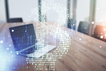 Double exposure of creative Bitcoin symbol hologram with computer on background. Mining and...