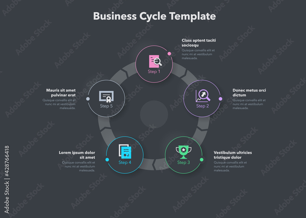 Poster Simple concept for business cycle diagram with five steps and place for your description - dark version. Flat infographic design template for website or presentation.