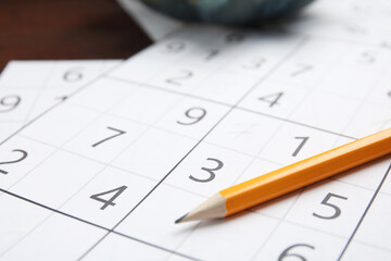 Sudoku puzzle grid and pencil, closeup view