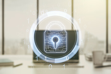 Creative idea concept with lock symbol and microcircuit illustration on modern laptop background. Protection and firewall concept. Multiexposure