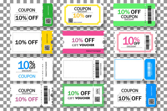 Set of coupon ,ticket card,gift vouchers.Coupon Card element template for graphics design.Gift vouchers of promotion sale 10 percent discount.Vector colorful templates on transparent background