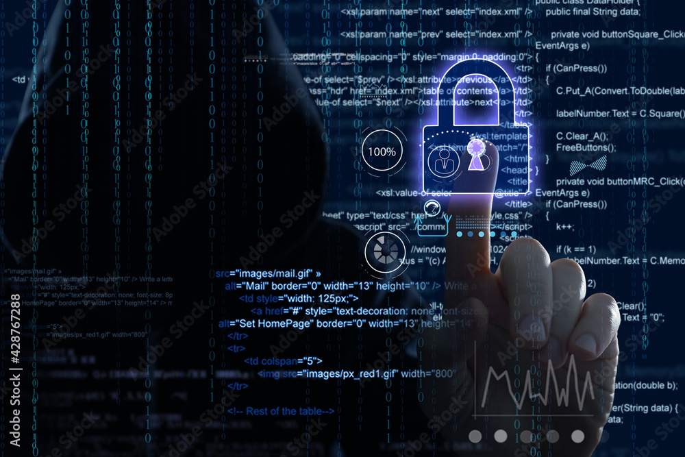 Poster man in hood and digital code and lock on dark background. cyber attack concept
