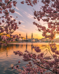 Hamburger Alster mit wunderschönen Kirschblüten