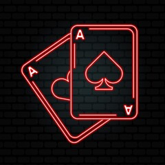 Casino neon collection. Poker cards vector icons set. Isolated on black Background. Casino Emblems and Labels, Bright Neon Sign, Slot Machine, Roulette, Poker, Dice Game. Vector illustration