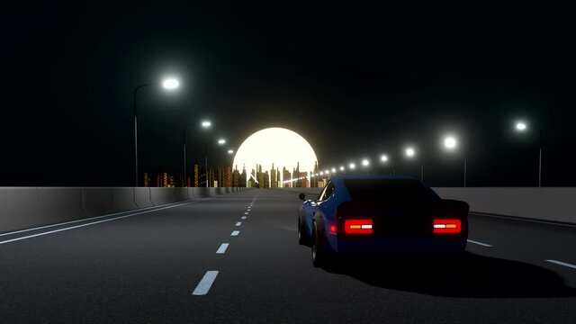 Retro-futuristic 80s style drive with night city background. Moving car on a highway road. VJ synthwave looping 3D animation for music video. 