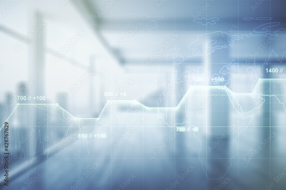 Poster multi exposure of abstract statistics data hologram interface on abstract empty interior background,
