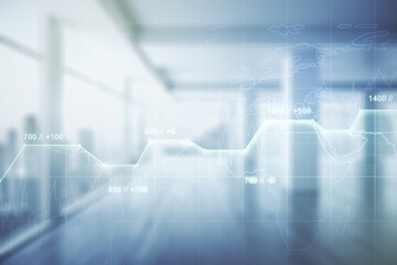 Multi exposure of abstract statistics data hologram interface on abstract empty interior background, computing and analytics concept