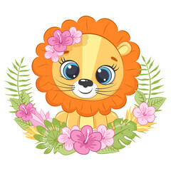 Cute little lion with wreath of hawaii flowers. Cartoon vector illustration.