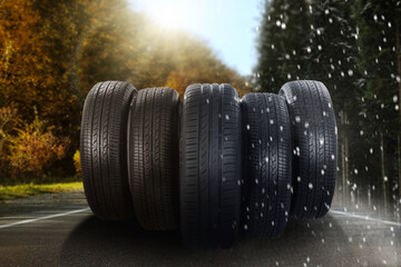 Set of new winter and summer tires on asphalt road, collage