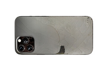 Broken lens and back side of smartphone, isolated white background, back side, lens, camera