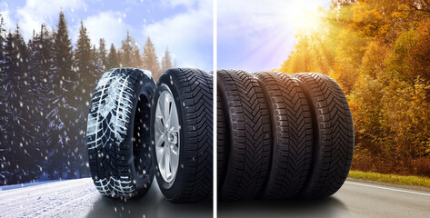 Set of new winter and summer tires on asphalt road, collage. Banner design