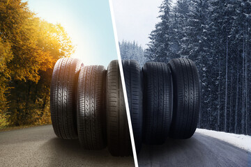 Set of new winter and summer tires on asphalt road, collage - obrazy, fototapety, plakaty