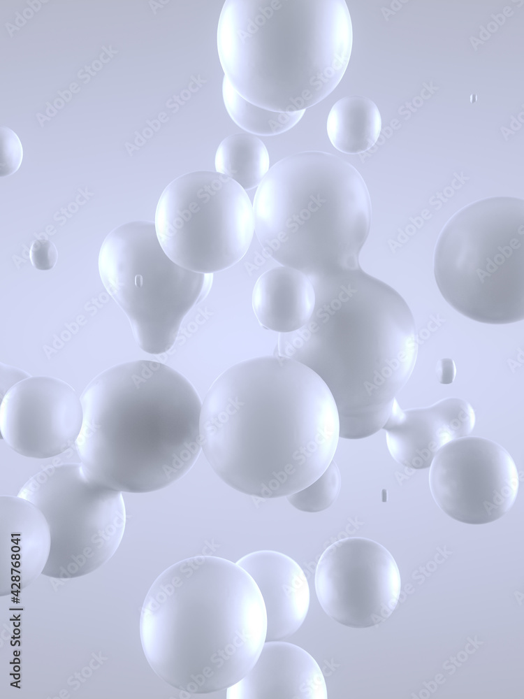 Aufkleber Abstract background with flying shiny drops of liquid. Light background with depth of field. 3d rendering illustration