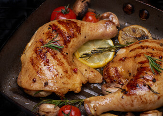 Grilled chicken Leg on the grill pan. appetizing grilled juicy chicken with golden brown crust served with tomato, lemon slices, mushroom, and rosemary. Selective focus. Healthy meal concept.