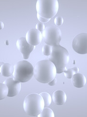 Abstract background with flying shiny drops of liquid. Light background with depth of field. 3d rendering illustration