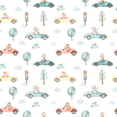Watercolor seamless pattern with racing cars, animals in cars, trees, clouds, traffic light on a white background © MarinaErmakova