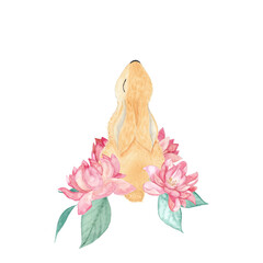 Honey bunny with peony. Watercolor.