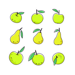Simple illustration of apple and pear. Contour vector icon set.