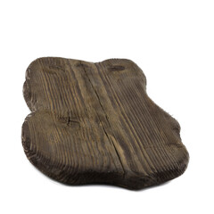 Old wooden original scuffed cutting board isolated on white background