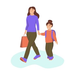 A young woman and her daughter hold hands and walk. The characters are trendy people. Flat cartoon vector illustration.
