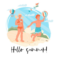 Hello summer banner or card design with  children by the sea or river. Decorative summer backdrop with kids in swimsuits on the beach,  flat vector illustration isolated on white background.