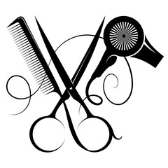 Symbol for stylist of a beauty salon, scissors and a comb hairdryer - obrazy, fototapety, plakaty