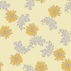 Chrysanthemum flowers drawing, bloom in yellow colors, floral seamless pattern, nature abstract background vector. Line art botanical illustration graphic design print, fabric. Trendy grey wallpaper